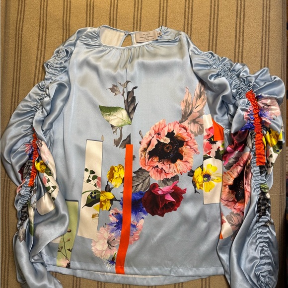 Preen by Thornton Bregazzi Floral Silk Ruched Sleeve Blouse - Size M - Picture 2 of 4